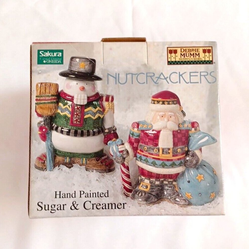 SAKURA Debbie Mumm Hand Painted SANTA SNOWMAN Nutcracker Ceramic Sugar & Creamer
